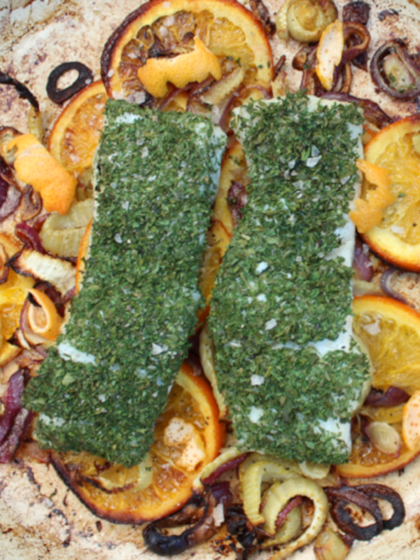 Baked cod with fennel, red onion & orange